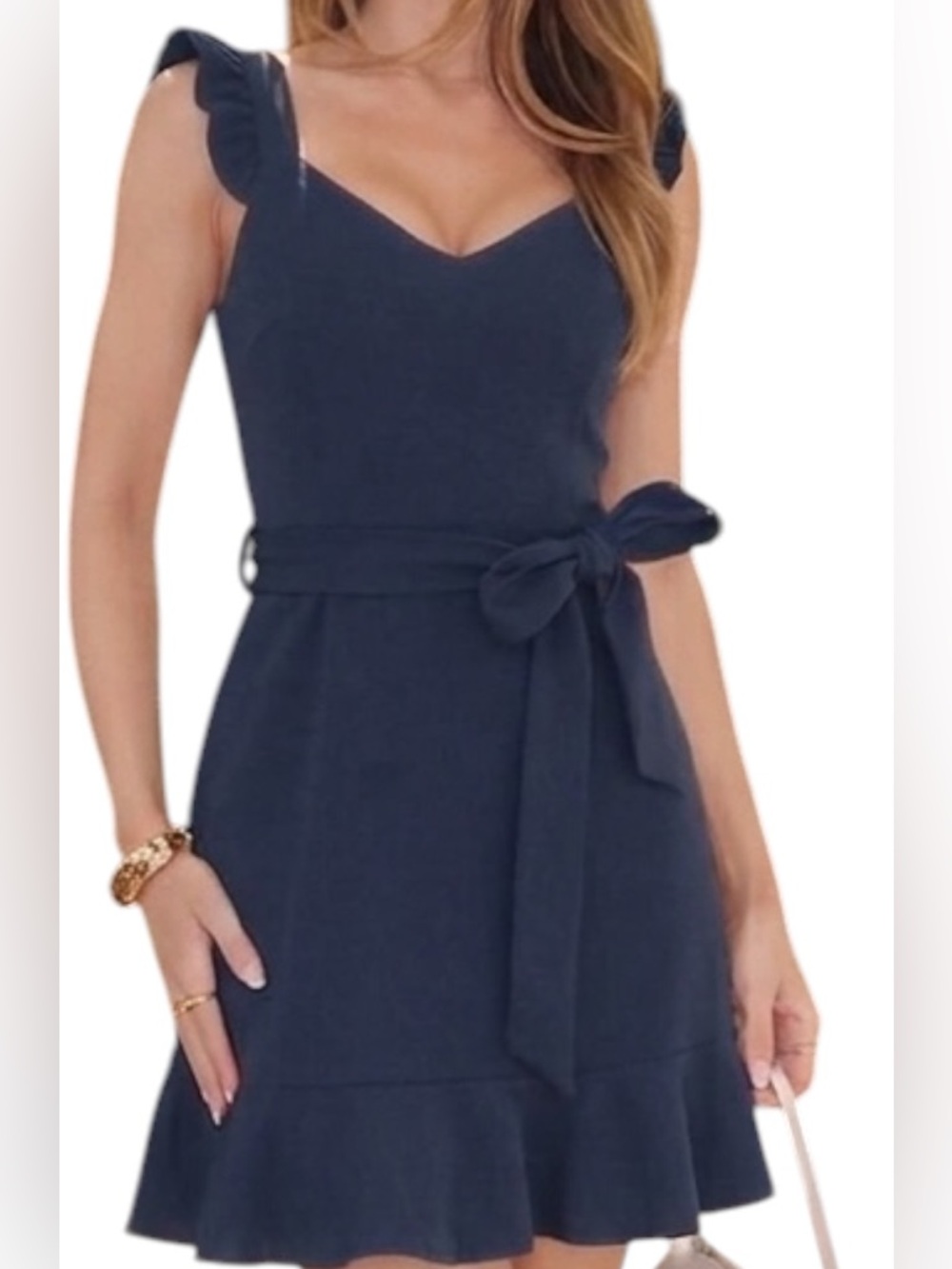 Moa Moa Navy Blue Ruffle Strap Tie Waist Mini Dress NWT Size S